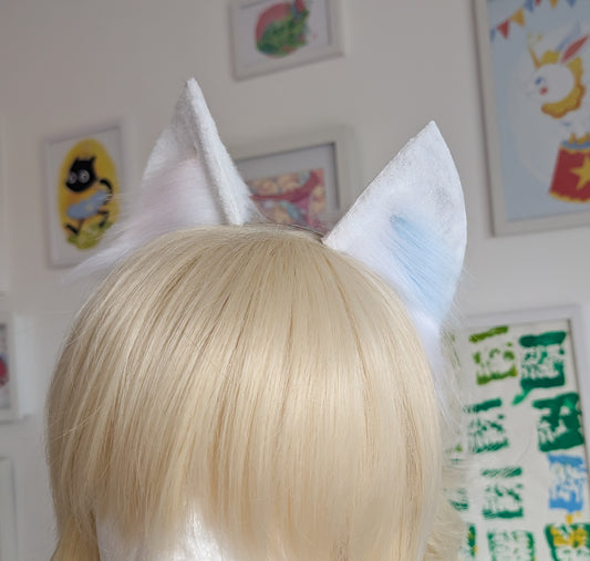 White with Pink and Blue Fluffs Kitten Ears