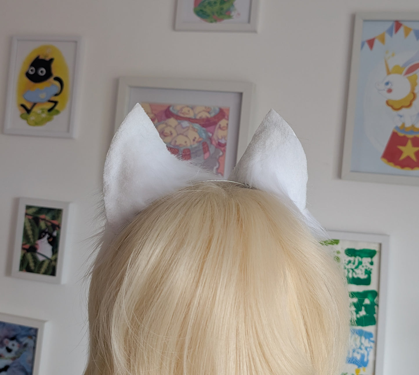 White with Pink and Blue Fluffs Kitten Ears