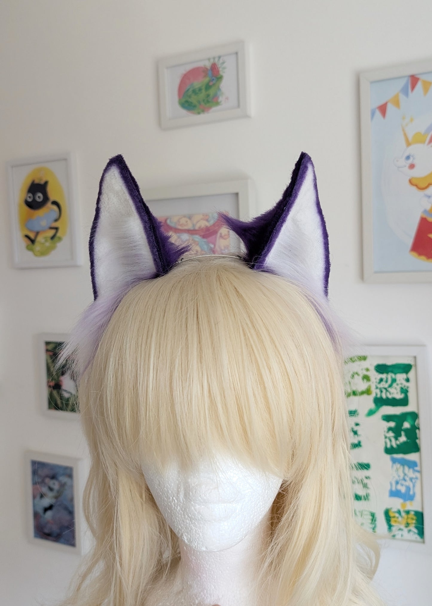 Purple and White Tall Cat Ears