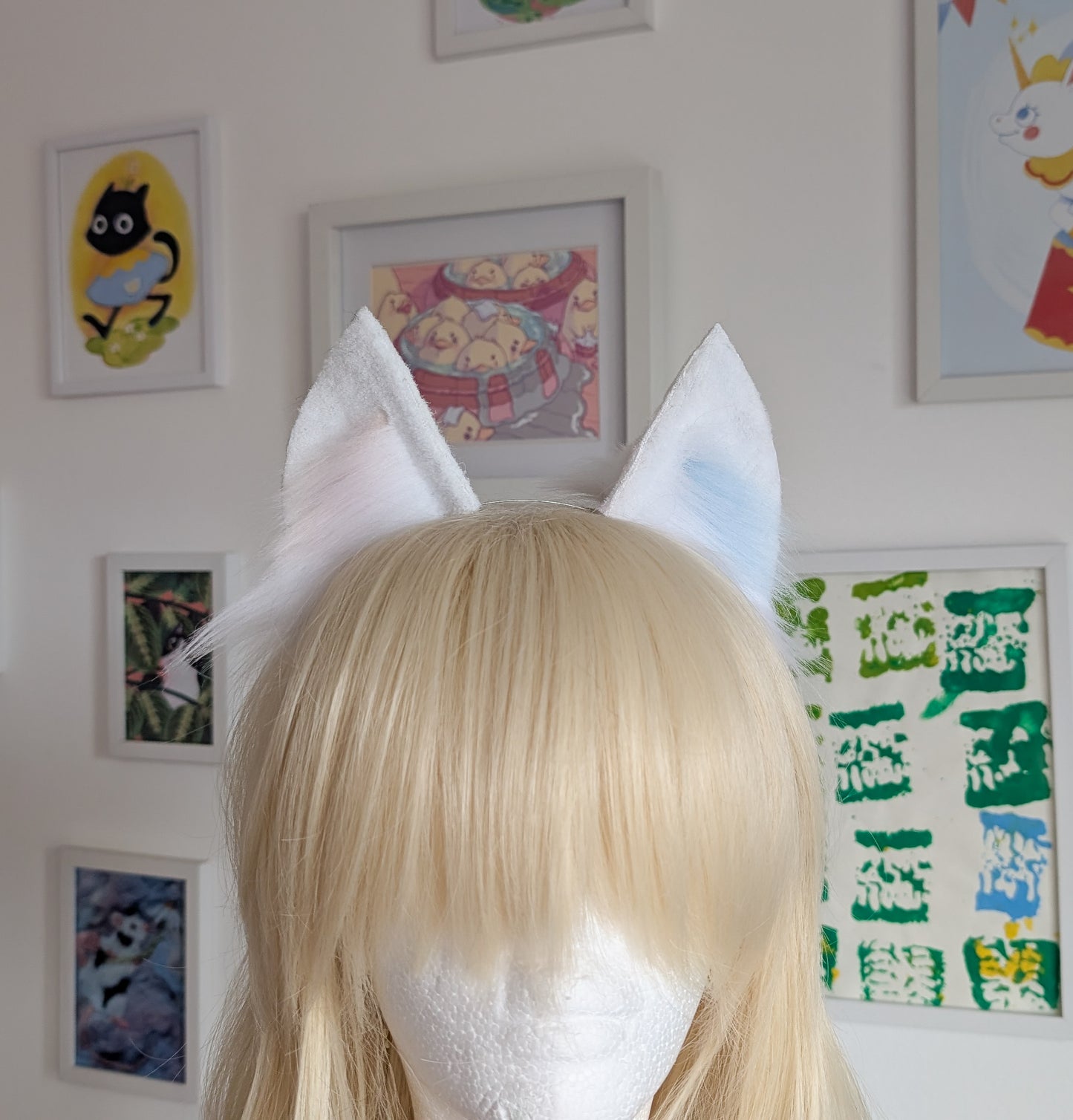 White with Pink and Blue Fluffs Kitten Ears