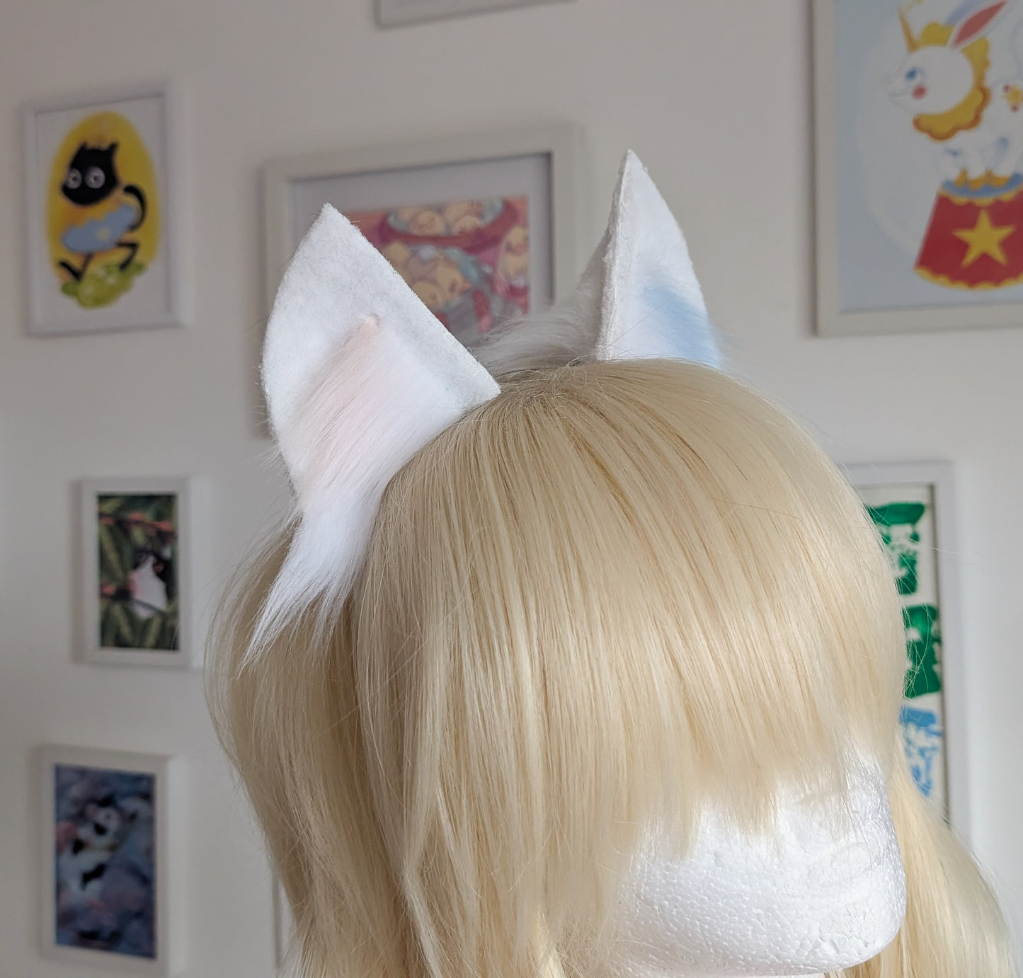 White with Pink and Blue Fluffs Kitten Ears