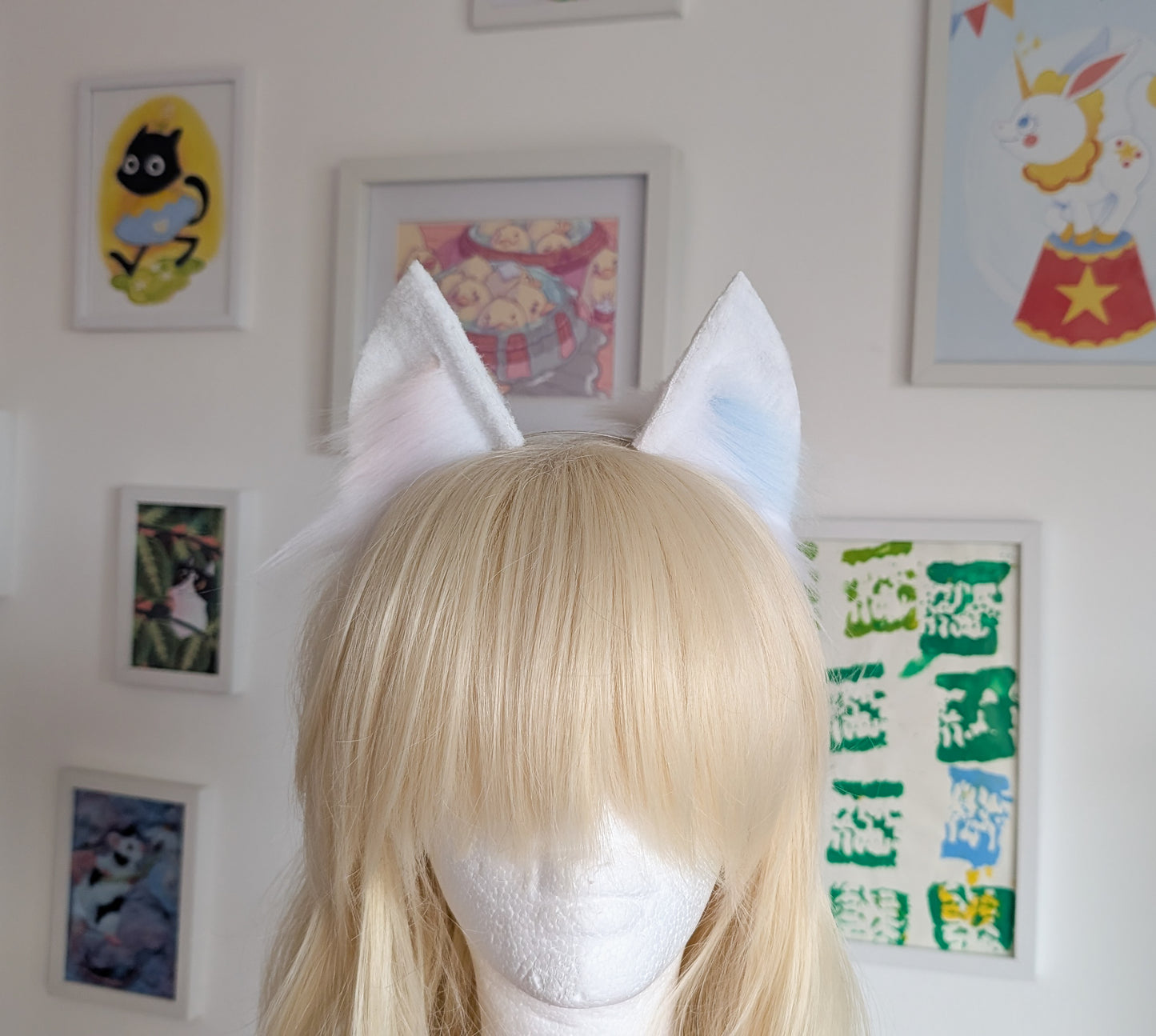 White with Pink and Blue Fluffs Kitten Ears