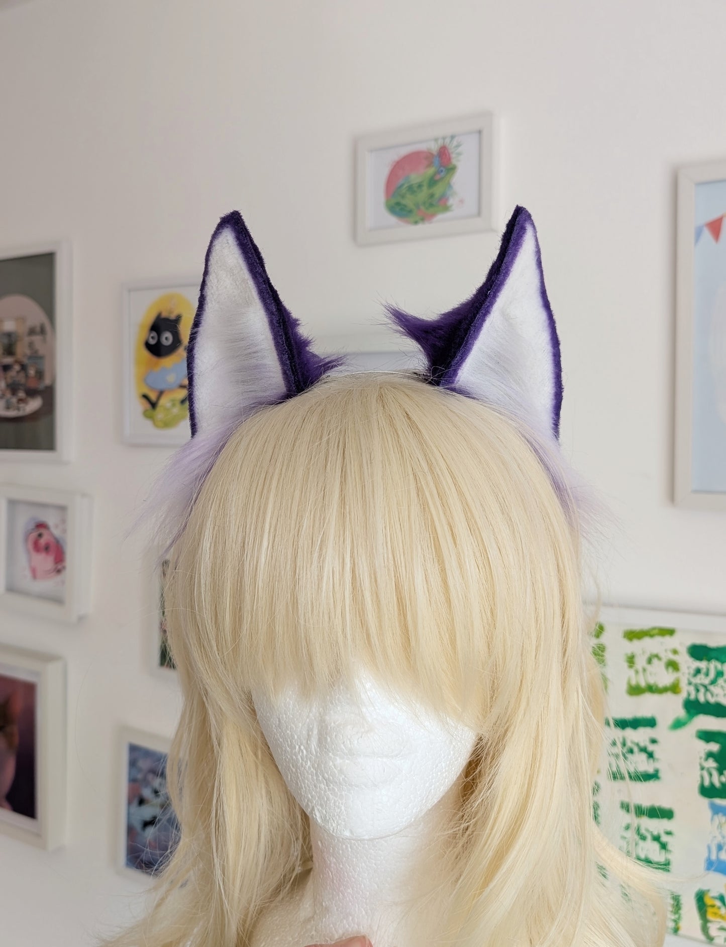 Purple and White Tall Cat Ears