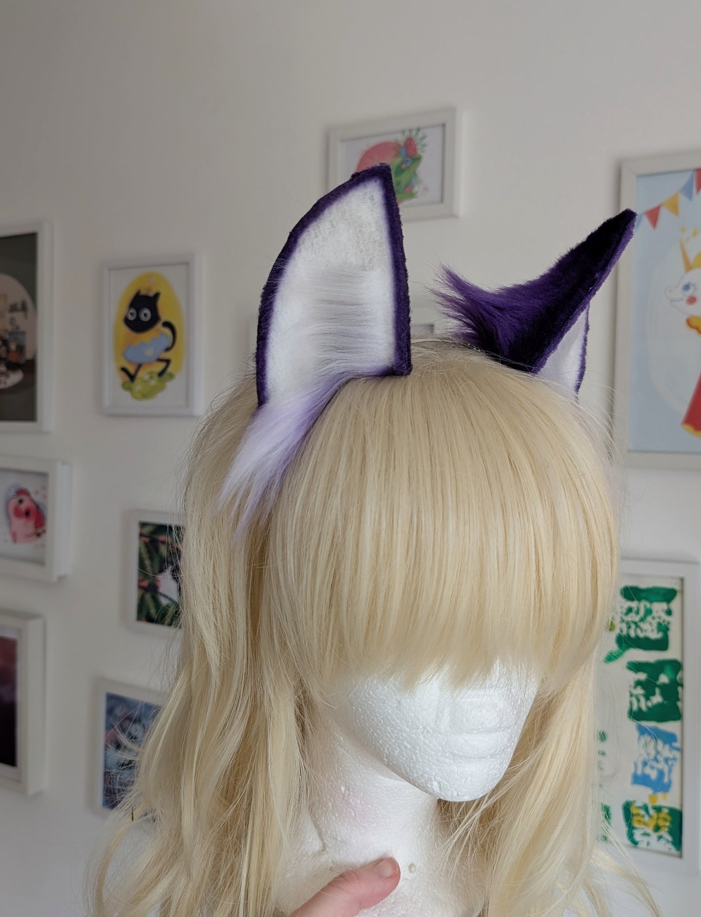 Purple and White Tall Cat Ears